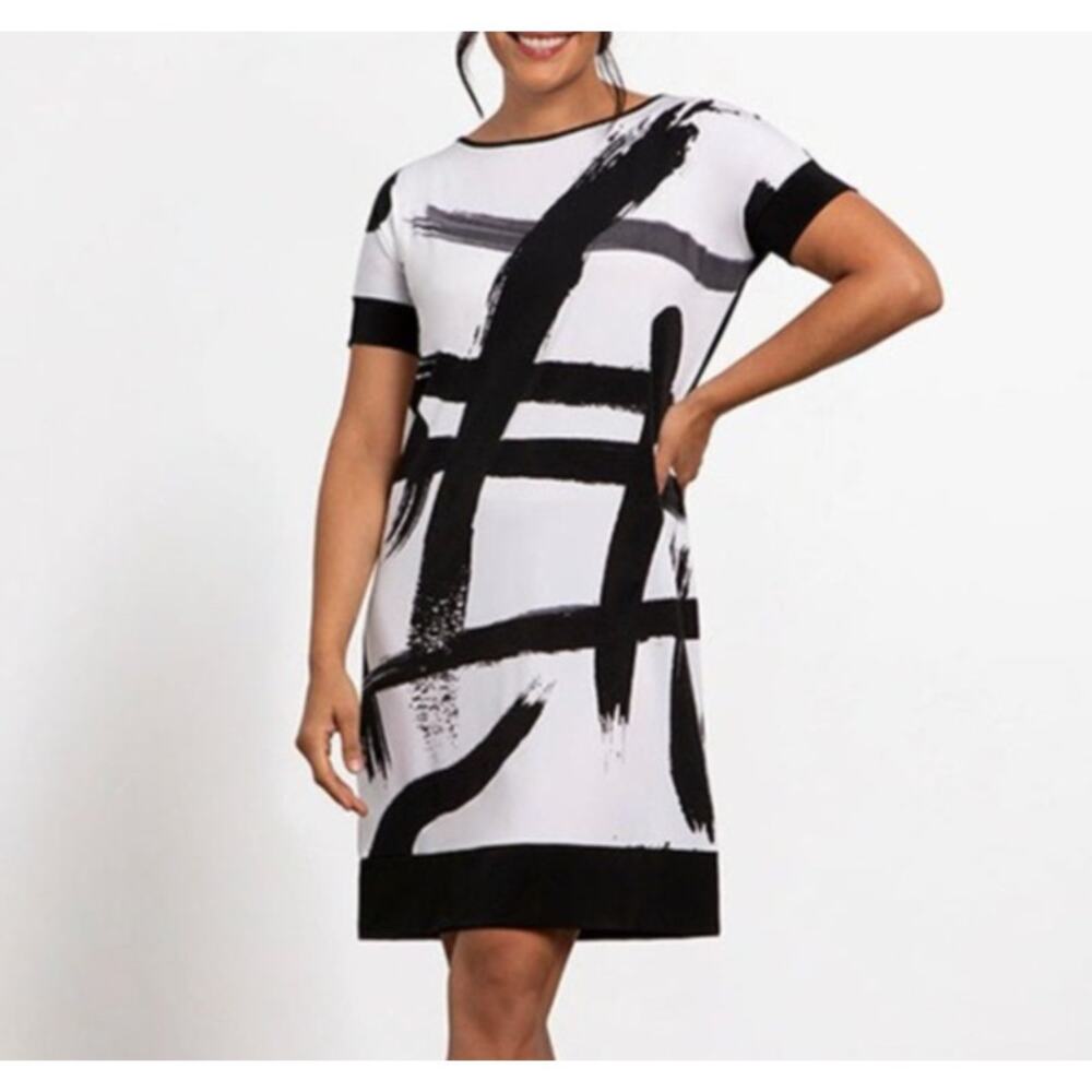 Sympli Women's Chic Short Dress Size 12 Black White NWT Brush Stroke